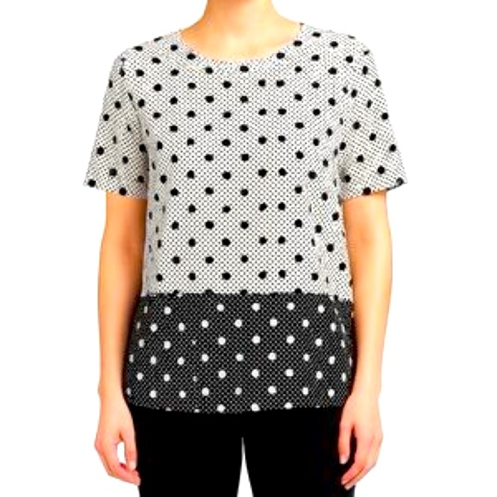 Daniel Rainn Black‎ White Polka Dot Colorblock Classic Blouse Top Shirt Medium M